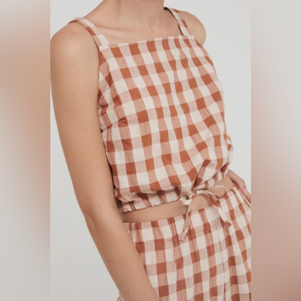 Gingham Tie-Front Tank Top in Rust & Cream